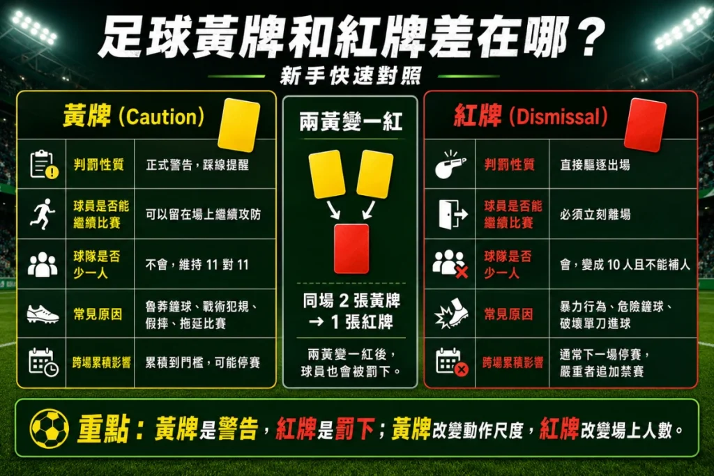 足球黃牌紅牌差異圖解:黃牌警告、紅牌罰下與兩黃變一紅