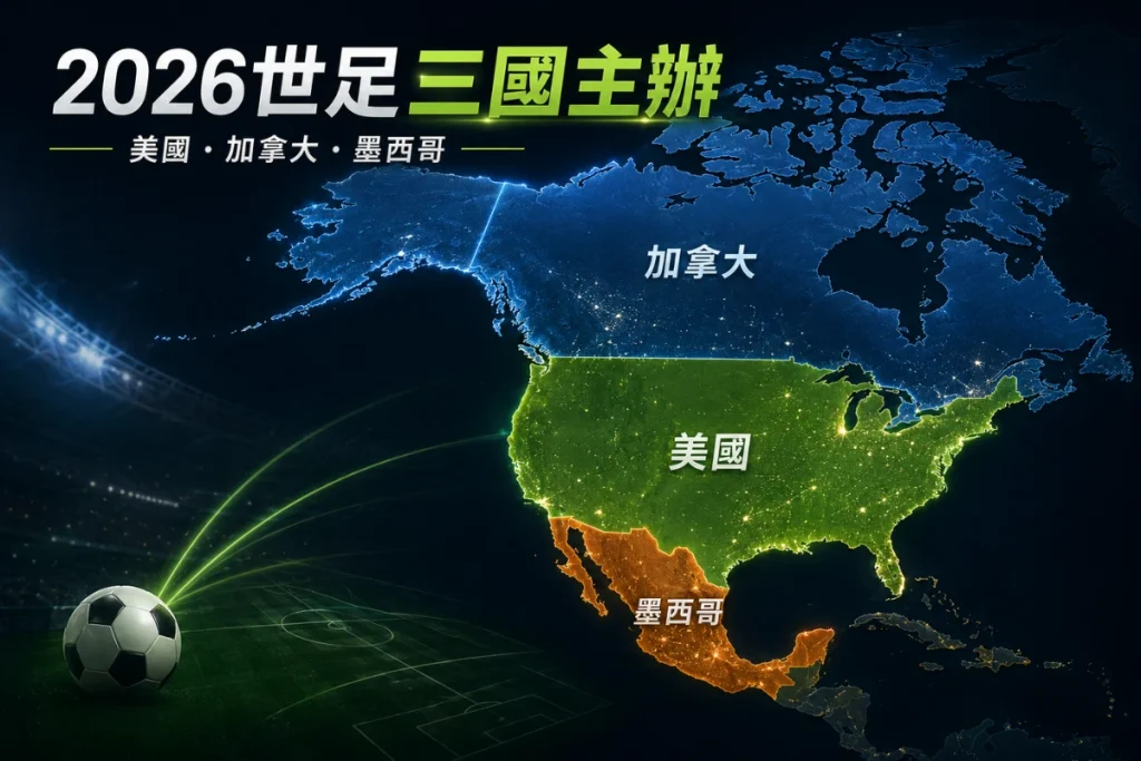2026世足三國主辦地圖，標示美國、加拿大、墨西哥主辦國位置。