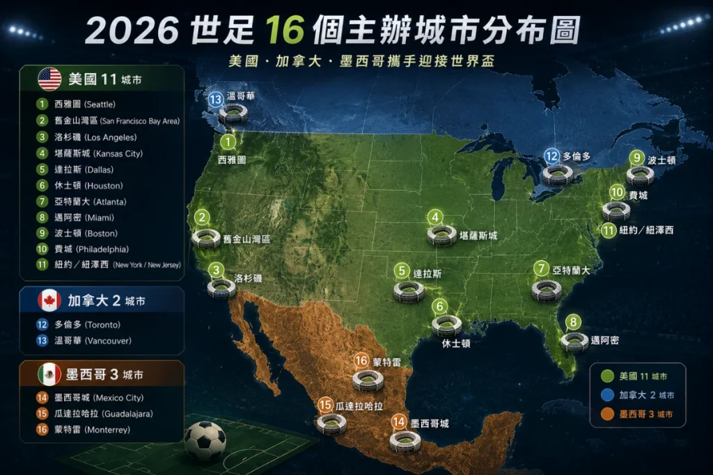 2026世足主辦城市分布圖，整理美國、加拿大、墨西哥共 16 個主辦城市。