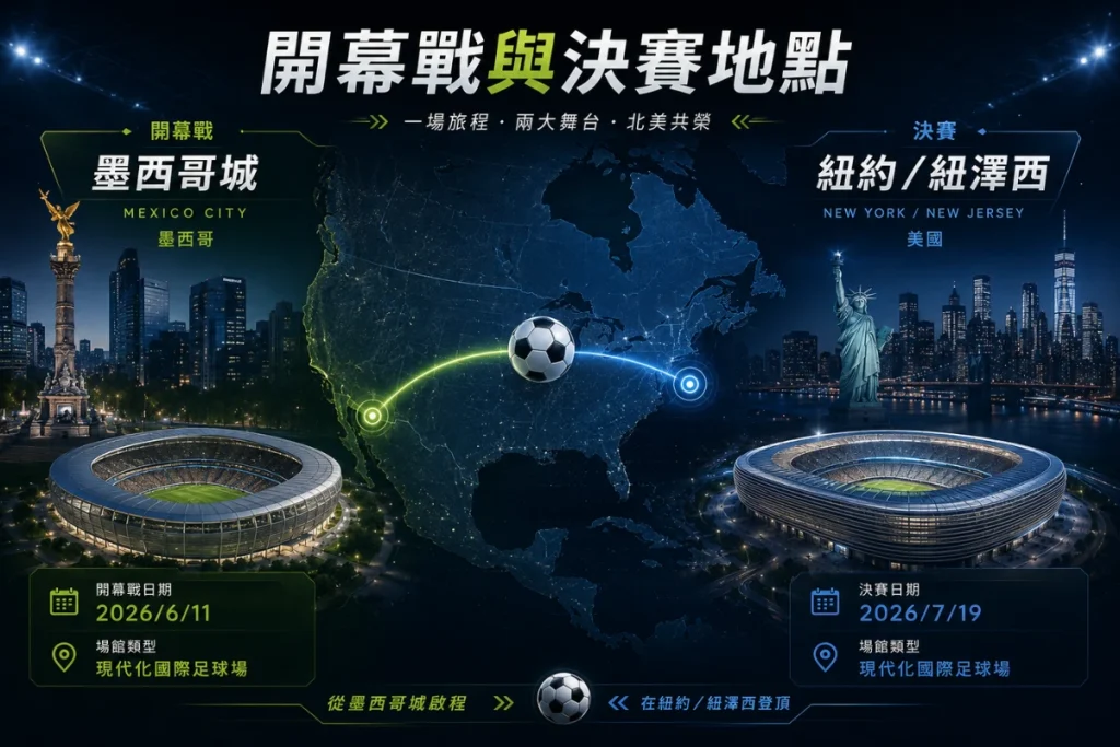 2026世足開幕戰與決賽地點說明，整理墨西哥城與紐約／紐澤西兩大重點城市。