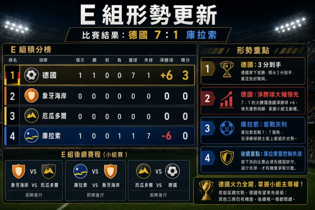 世界盃 E 組形勢,整理德國大勝庫拉索後的小組出線影響。
