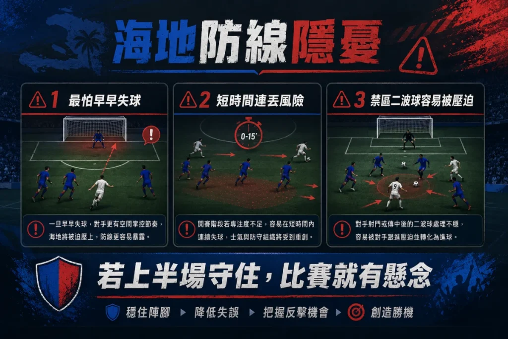 海地防線隱憂分析,整理早早失球、短時間連丟與防守穩定性問題。
