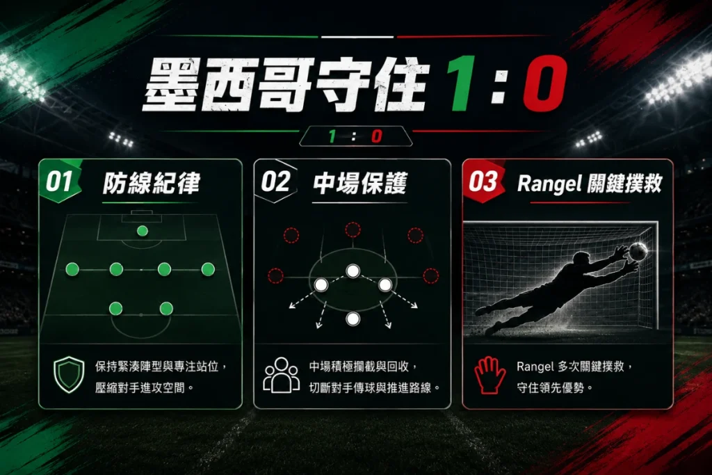 墨西哥對南韓守住 1 比 0 勝利,防線紀律與門將撲救成關鍵。