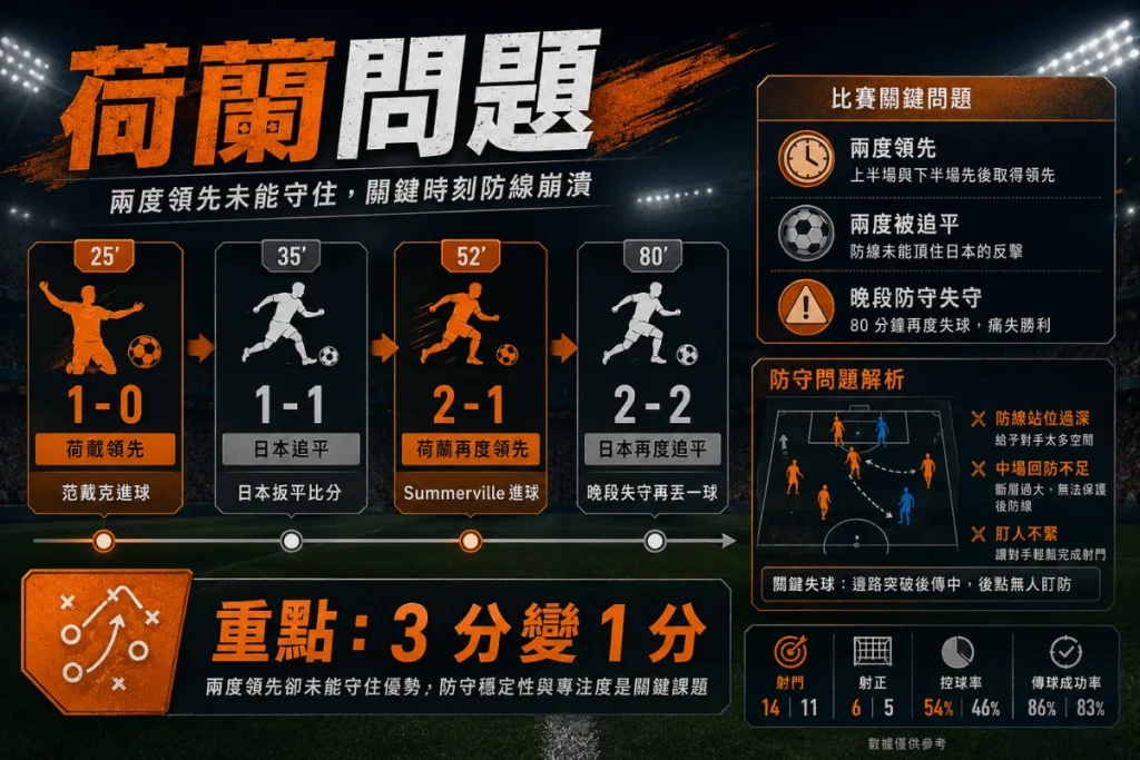 荷蘭兩度領先未能守住分析,整理范戴克進球、Summerville 進球與晚段失守。
