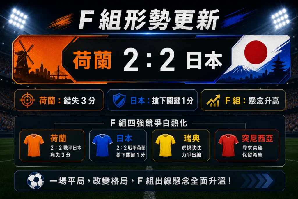 世界盃 F 組形勢分析,整理荷蘭 2 比 2 日本後的小組影響。
