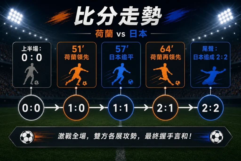 荷蘭對日本比分走勢,整理 2 比 2 平手與日本兩度追平的關鍵節點。