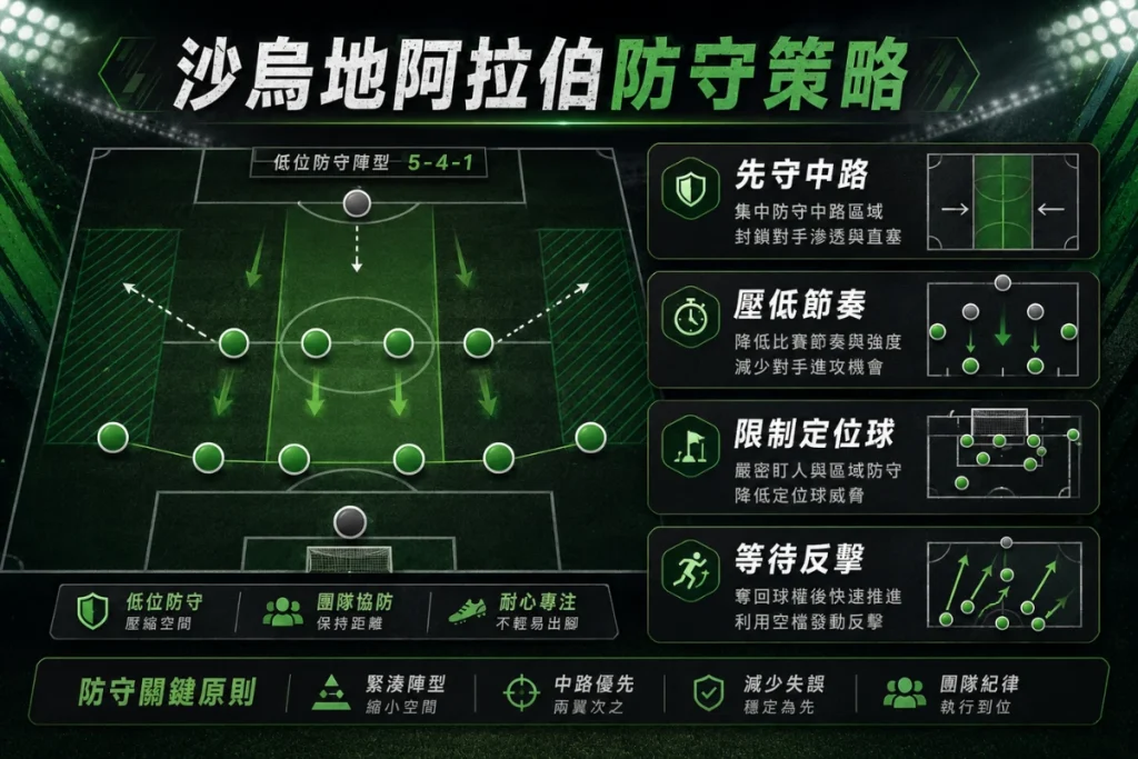 沙烏地阿拉伯防守策略分析，整理低位防守、中路封鎖與反擊等待。