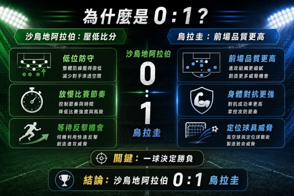 沙烏地阿拉伯對烏拉圭 0 比 1 推論圖，整理沙烏地阿拉伯防守與烏拉圭前場優勢。