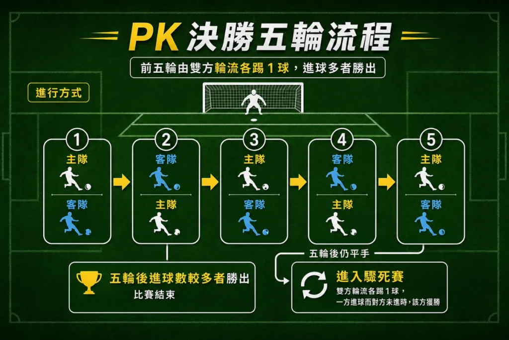 PK 決勝規則說明，介紹前五輪主罰與平手後驟死賽流程。