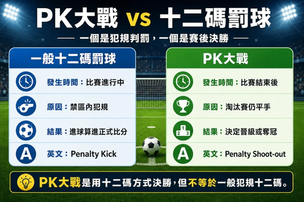 PK大戰與十二碼罰球差異,說明比賽中判罰與賽後決勝不同。