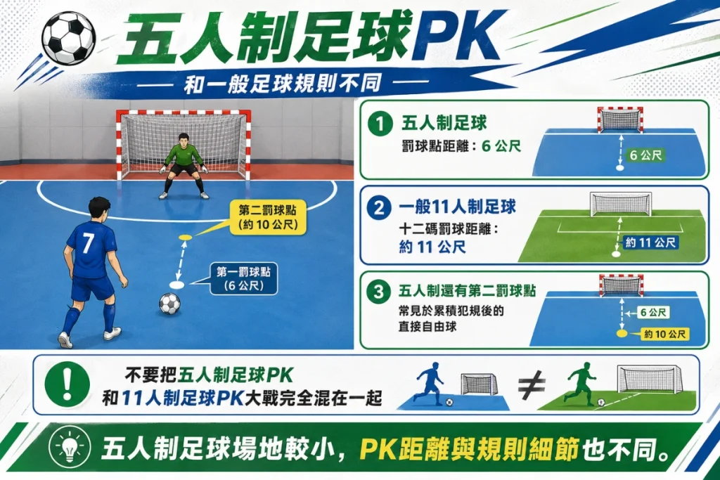 五人制足球PK規則說明,整理五人制點球距離與一般足球差異。