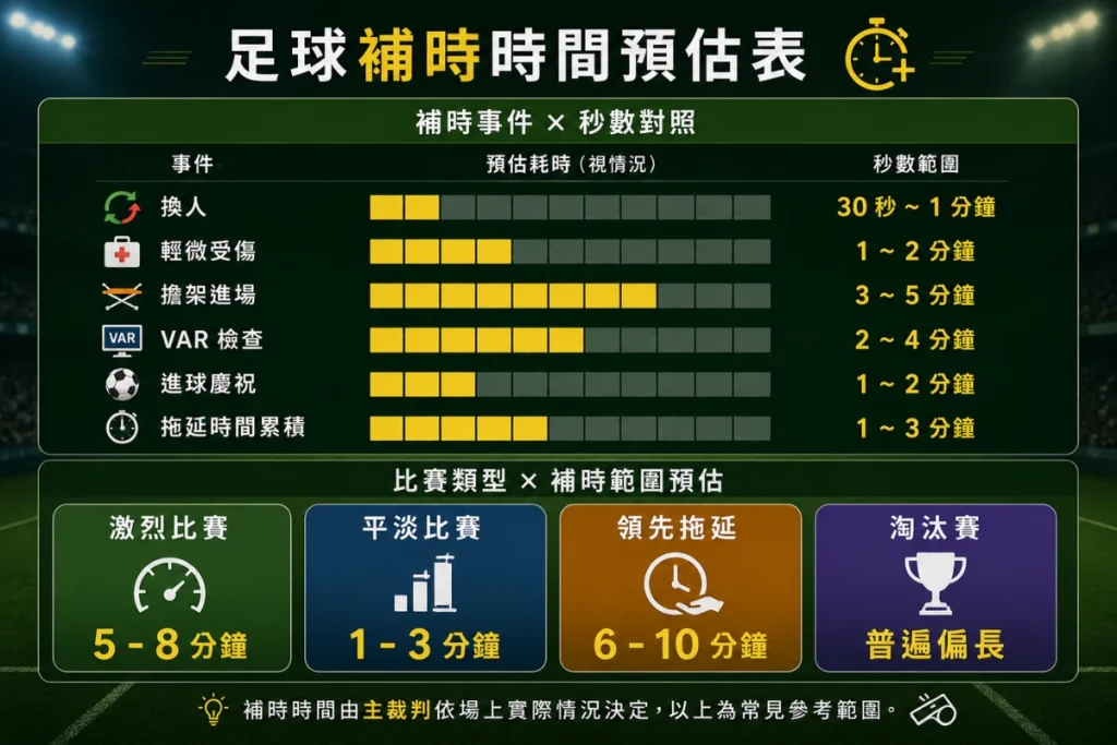 足球補時時間預估說明，整理換人、受傷、VAR 檢查、進球慶祝與拖延時間對補時秒數的影響。