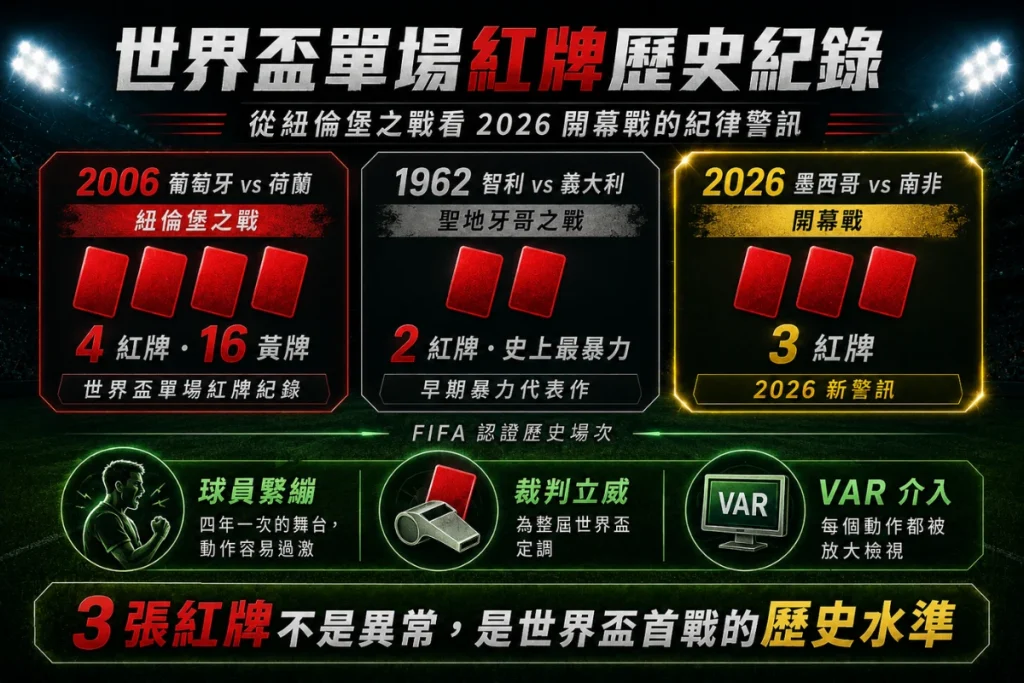世界盃單場紅牌歷史紀錄說明，整理 2026 墨西哥對南非開幕戰 3 張紅牌與歷史場次比較。