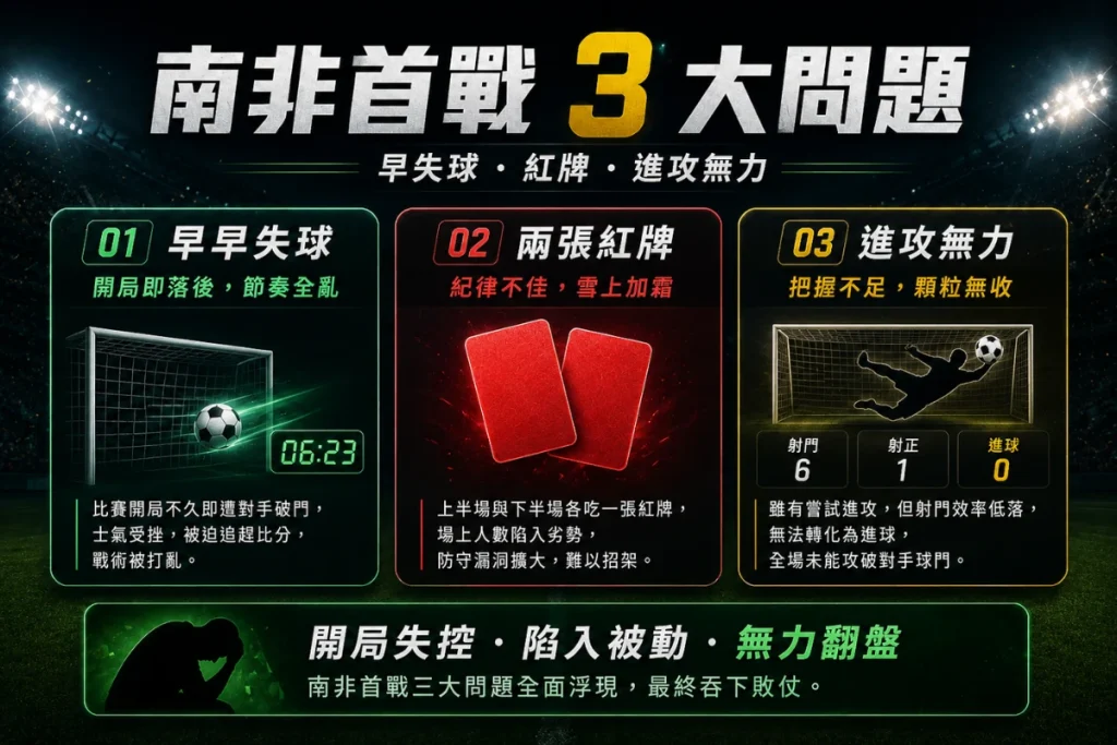 南非首戰賽後三大問題，整理早早失球、兩張紅牌與進攻端沒有破門。