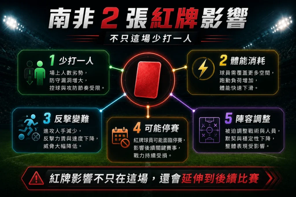 南非兩張紅牌影響說明，整理少打一人、停賽風險與後續陣容調整。