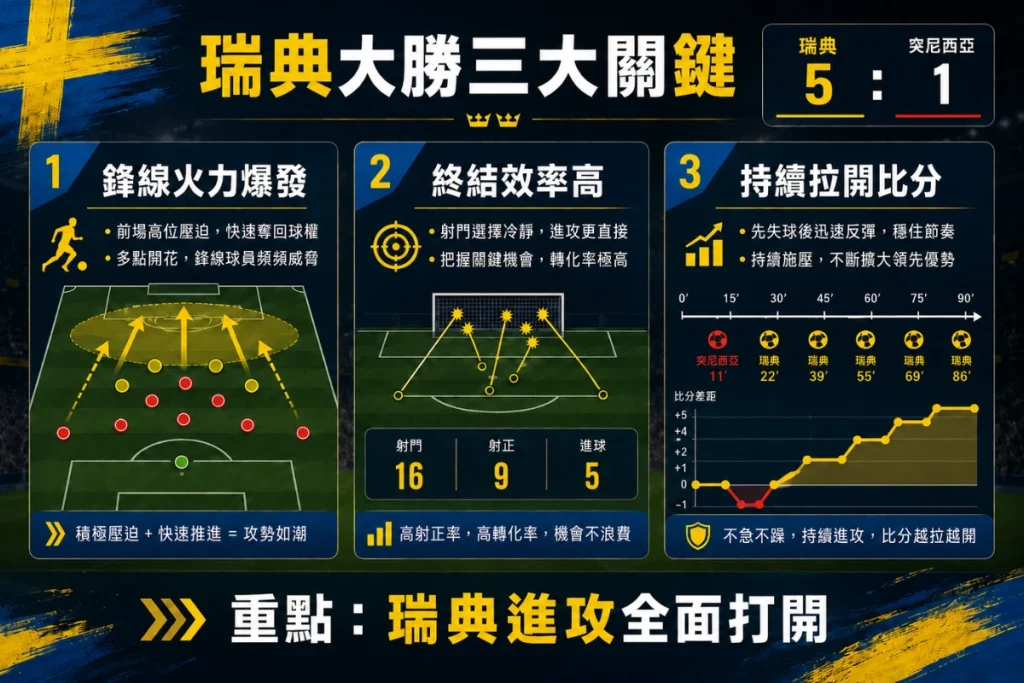 瑞典大勝突尼西亞三大關鍵,整理鋒線火力、終結效率與比分拉開原因。