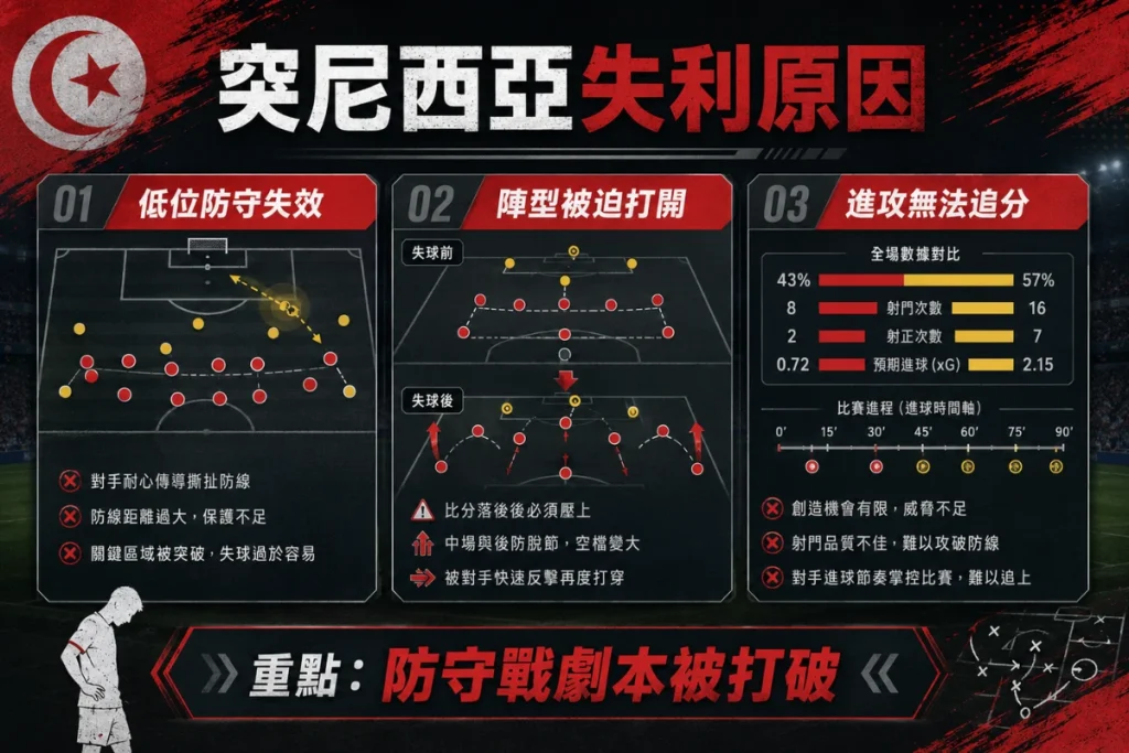 突尼西亞不敵瑞典失利原因,整理低位防守失效與進攻追分不足。