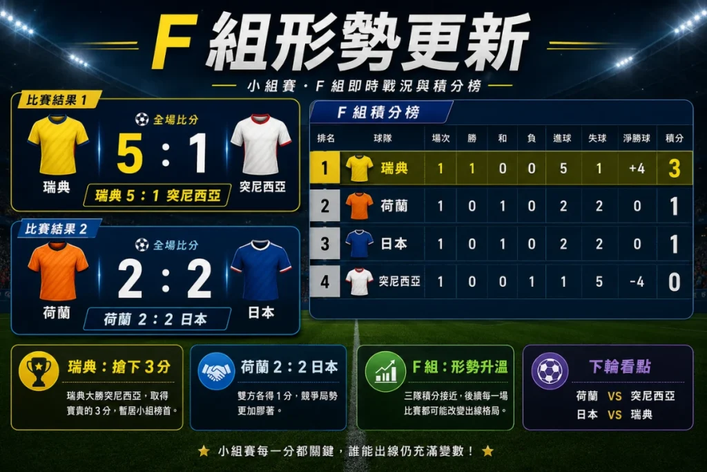 世界盃 F 組形勢分析,整理瑞典 5 比 1 突尼西亞後的小組影響。